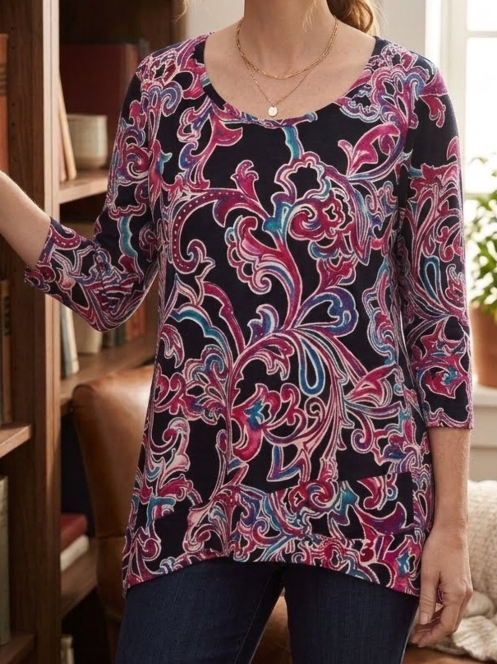 Chico's 3 XL Tunic Blouse Pink Navy Blue White Paisley scoop neck Asymmetrical
